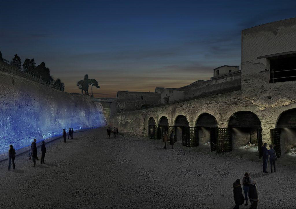The ancient beach of Herculaneum lit up in the evening